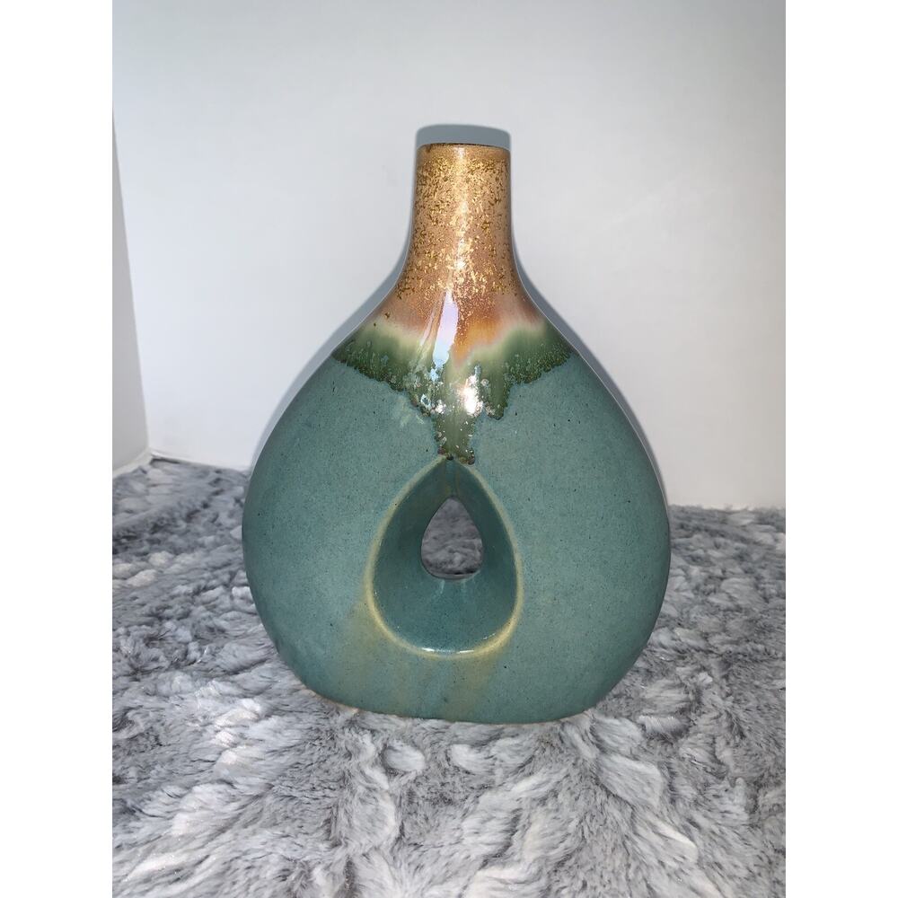 Vintage Studio Pottery Vase Green Glaze Gold Mid Century Modern hole center